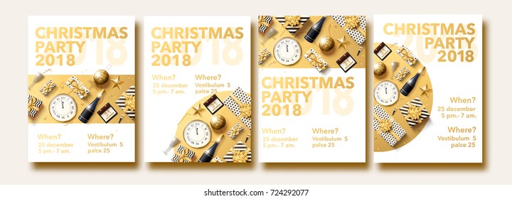 vector illustration of happy new year 2018 gold and black collors place for text christmas balls star champagne glass flayer brochure set 2019 2020