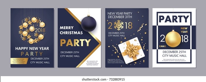 Vector illustration of Happy New Year 2018 and Merry Christmas brochure, flyer, party, holiday invitation, corporate celebration. Gold ball, star, gift, snowflake composition on black  background.