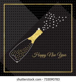 Vector illustration of Happy New Year card. Champagne popping with gold texture. Isolated on black geometric background.