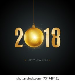 vector illustration of happy new year 2018 gold elements and gradient color background with christmas ball