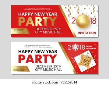 Vector illustration of Happy New Year 2018 and Merry Christmas brochure, flyer, party, holiday invitation, corporate celebration. Gold ball, star, gift, snowflake composition on red  background.