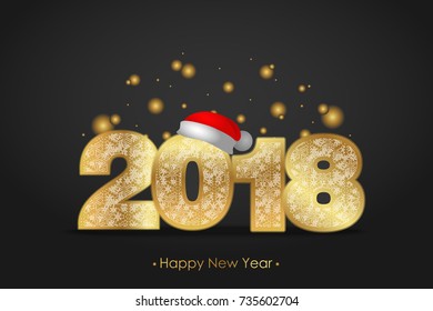 Vector illustration of happy new year 2018 gold numeral with white snowflakes ornament  on black background with golden christmas balls. Red Santa hat on Xmas font.Year of the Dog For Chinese calendar