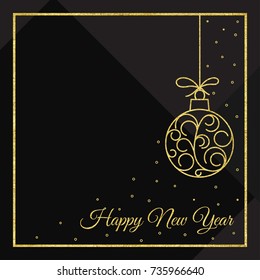 Vector illustration of Happy New Year card. Christmas balls with gold texture. Isolated on black geometric background.