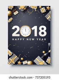 vector illustration of happy new year 2018 gold and black collors place for text christmas balls star champagne glass flayer brochure  2020