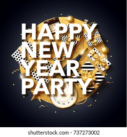 vector illustration of happy new year 2018 gold and black collors place for text christmas balls star champagne glass flayer xmas party 2019 2020