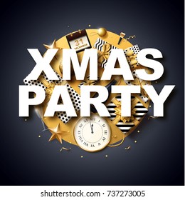 vector illustration of happy new year 2018 gold and black collors place for text christmas balls star champagne glass flayer xmas party 2019 2020