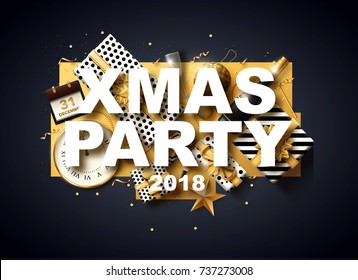 vector illustration of happy new year 2018 gold and black collors place for text christmas balls star champagne glass flayer xmas party 2019 2020