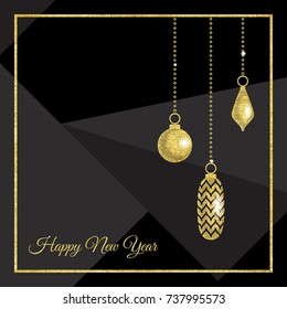 Vector illustration of Happy New Year card. Champagne glasses with gold texture. Isolated on black geometric background.