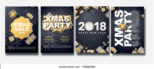 vector illustration of happy new year 2018 gold and black colors place for text christmas ornaments,balls star champagne glass flyer brochure  2019 2020