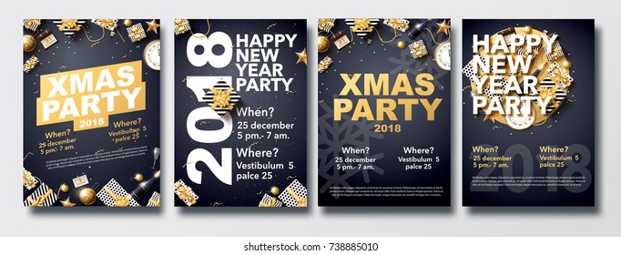 vector illustration of happy new year 2018 gold and black collors place for text christmas balls star champagne glass flayer brochure  2019 2020