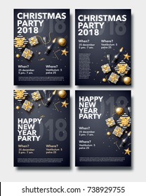 vector illustration of happy new year 2018 gold and black collors place for text christmas balls star champagne glass flayer brochure  2019 2020