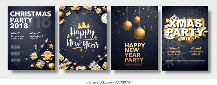 vector illustration happy new year 2018 gold   black collors place for text christmas balls star champagne glass flayer brochure  2019 2020