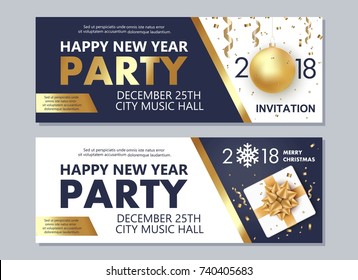 Vector illustration of Happy New Year 2018 and Merry Christmas brochure, flyer, party, holiday invitation, corporate celebration. Gold ball, star, gift, snowflake composition on black  background.