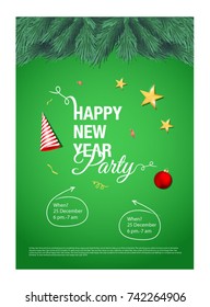 vector illustration of happy new year 2018 gold and black collors place for text christmas balls star flayer brochure. ?llustrator vector.