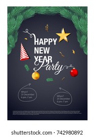 vector illustration of happy new year 2018 gold and black collors place for text christmas balls star flayer brochure. Illustrator vector.