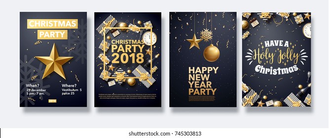 vector illustration of happy new year 2018 gold collors place for text christmas balls star champagne glass flayer brochure top view 2020