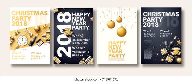 vector illustration of happy new year 2018 gold and black collors place for text christmas balls star champagne glass flayer brochure  2019 2020