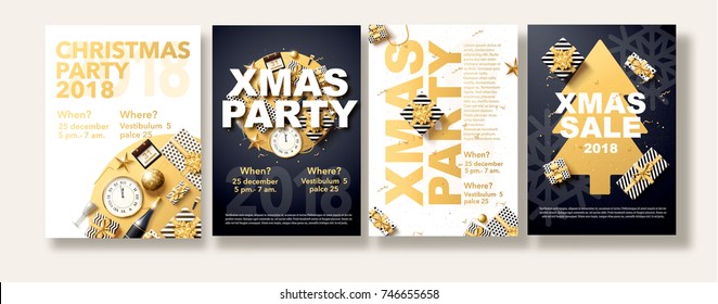 vector illustration of happy new year 2018 gold and black colors place for text, christmas balls star champagne glass flyer brochure  2019 2020