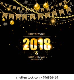 vector illustration of happy new year 2018 gold and black colors. Vector illustration
