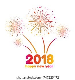 Vector illustration of happy new year 2018. Colorful fireworks on a white background