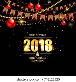 vector illustration of happy new year 2018 gold and black colors. Vector illustration