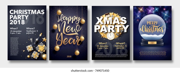 vector illustration of happy new year 2018 gold and black collors place for text christmas balls star champagne glass flayer brochure  2019 2020