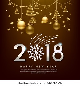 vector illustration of happy new year 2018. balls, star,  firework, for flayer, brochure, invitation card, and background