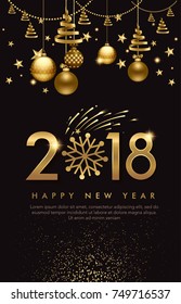 vector illustration of happy new year 2018. balls, star,  firework, for flayer, brochure, invitation card, and background