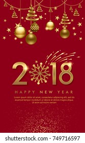 vector illustration of happy new year 2018. balls, star,  firework, for flayer, brochure, invitation card, and background