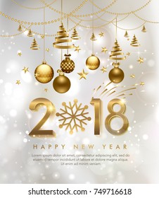 vector illustration of happy new year 2018. balls, star,  firework, for flayer, brochure, invitation card, and background