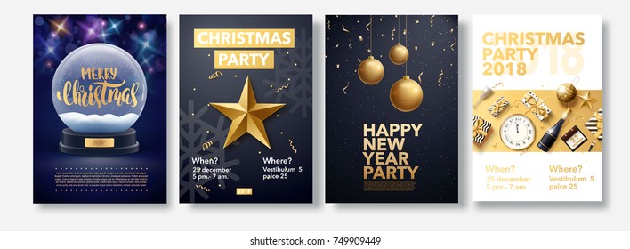 vector illustration of happy new year 2018 gold and black collors place for text christmas balls star champagne glass flayer brochure  2019