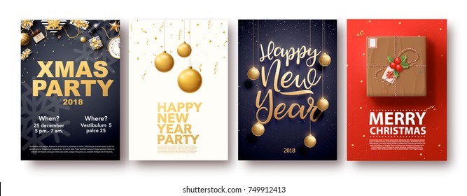 vector illustration of happy new year 2018 gold and black collors place for text christmas balls star champagne glass flayer brochure  2019 2020