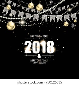 vector illustration of happy new year 2018 silver and black colors. Vector illustration