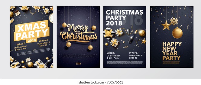 vector illustration of happy new year 2018 gold and black collors place for text christmas balls star champagne glass flayer brochure 2019 2020
