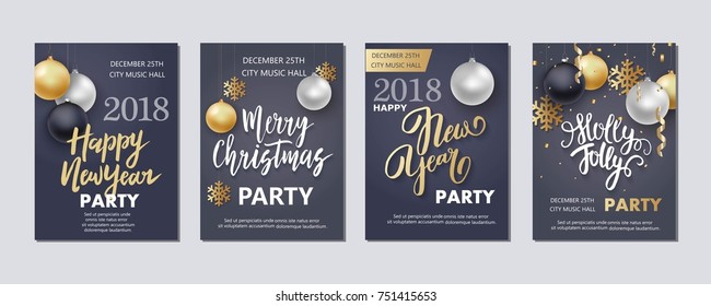 Vector illustration of Happy New Year 2018 and Merry Christmas brochure, flyer, party, holiday invitation, corporate celebration. Gold, silver ball, star, snowflake composition on black  background.