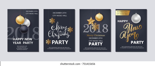 Vector Illustration Of Happy New Year 2018 And Merry Christmas Brochure, Flyer, Party, Holiday Invitation, Corporate Celebration. Gold, Silver Ball, Star, Snowflake Composition On Black  Background.