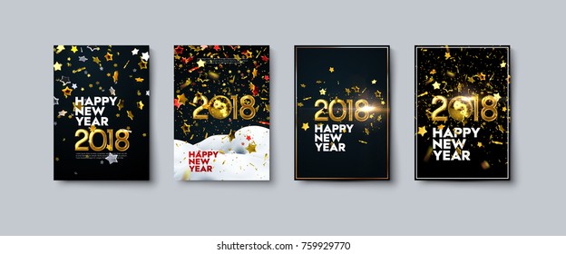 Vector illustration of Happy New Year posters or flyers set. Holiday banners with golden 2018 numbers, disco balls, tinsel and confetti particles. Winter festive decoration. 