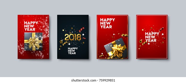 Vector illustration of Happy New Year posters or flyers set. Holiday banners with gift box, golden bow and ribbons, tinsel and confetti. Winter festive decoration. New Year party invitation