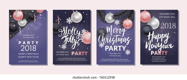 Vector illustration of Happy New Year 2018 and Merry Christmas brochure, flyer, party, holiday invitation, corporate celebration. Pink, silver ball, star, snowflake composition on violet  background.