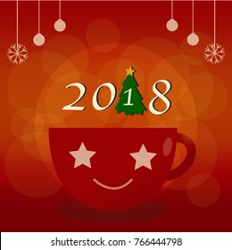 vector illustration of happy new year 2018 gold and red place for banner and greeting card. space for text with snowflake and cup on bokeh background. 