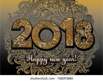 vector illustration of happy new year 2018 place for text christmas frost patterns gold and black flayer brochure invitation greeting card banner