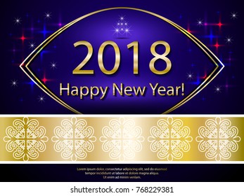 Vector illustration, Happy New Year 2018, greeting card. Blue background with gold elements.