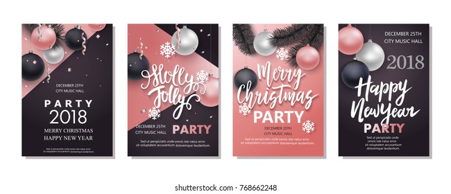 Vector Illustration Of Happy New Year 2018 And Merry Christmas Brochure, Flyer, Party, Holiday Invitation, Corporate Celebration. Pink, Silver Ball, Star, Snowflake Composition On Pink Background.