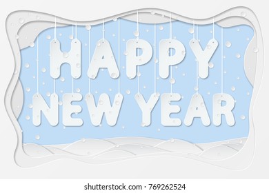 vector illustration of happy new year hanging on rope as layered paper cutting art design
