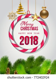 vector illustration of happy new year and merry christmas 2018