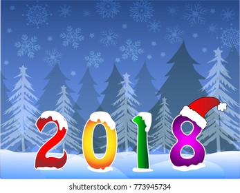 Vector and illustration of Happy New Year 2018 background with snow town, snowflake and snowfall with cute and colorful number decorated with santa hat, winter, Christmas and New year concept