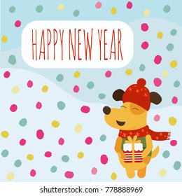 Vector illustration of Happy New Year text with yellow dog on polka dot background. Year of dog 2018 logo, icon. EPS 10