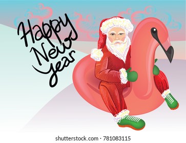 Vector illustration of Happy New Year lettering with Santa Claus sledding on flamingo snow tube. Christmas, New Year, holiday, celebration, winter vacation, leisure, recreation concepts
