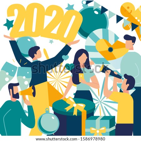 vector illustration, happy new year holiday, corporate friendship with a diverse group of friends of people hugging together, christmas mood gifts tree