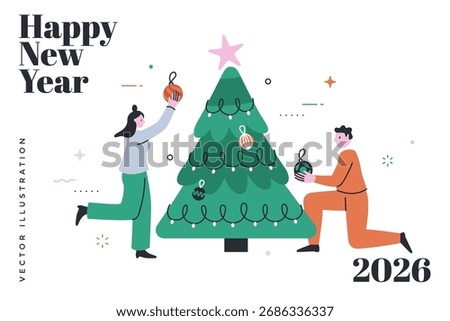 Vector illustration for Happy New Year 2026 postcard with a woman and man decorating a Christmas tree. Festive winter holiday celebration for web design and print templates.